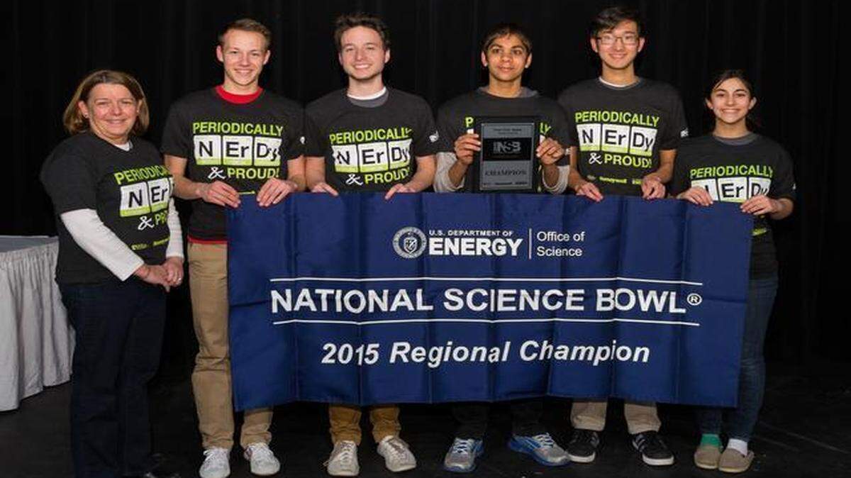 
Blue Valley West’s A team with coach Fern Bretch: Carter Stout (from left), Chandler Conn, Shyam Narayanan, Gavin Zhu and Luisa Galhardo.
