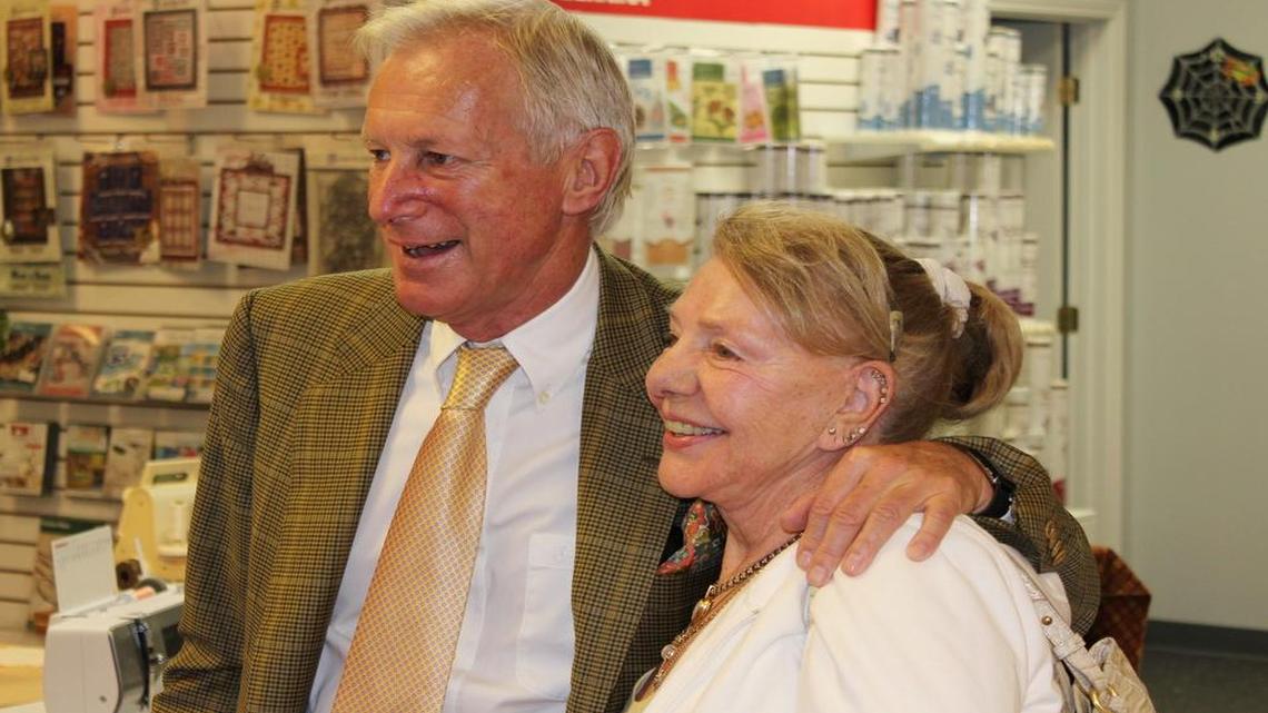 Hanspeter Ueltschi, owner and board chairman of Bernina International, recently visited the Bernina Sewing Center in Overland Park, where he met with seamstress Agnes Saetz