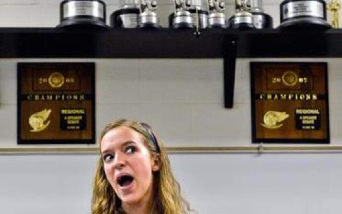 
Blue Valley High School debate student Madison Biggs practiced Tuesday on her humorous interpretation for the national tournament. 
