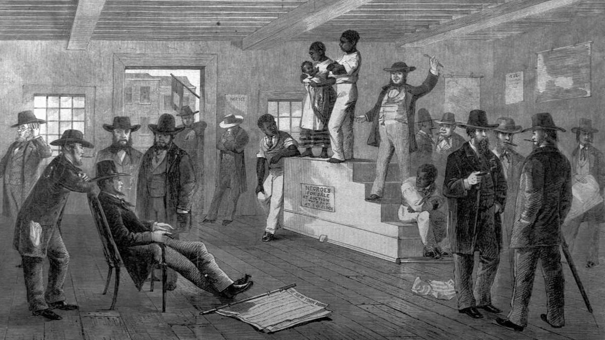 A slave auction in 1861 in Virginia is depicted in this print from the New York Public Library.