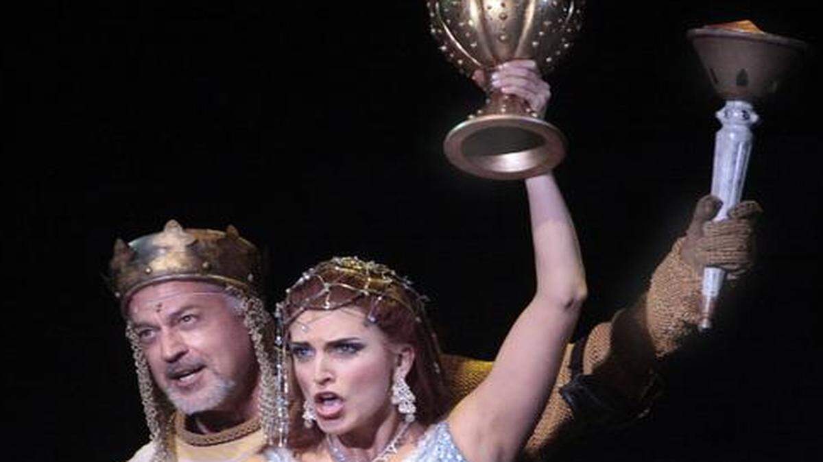 
King Arthur and the Lady of the Lake are among those spoofed in “Spamalot.”


