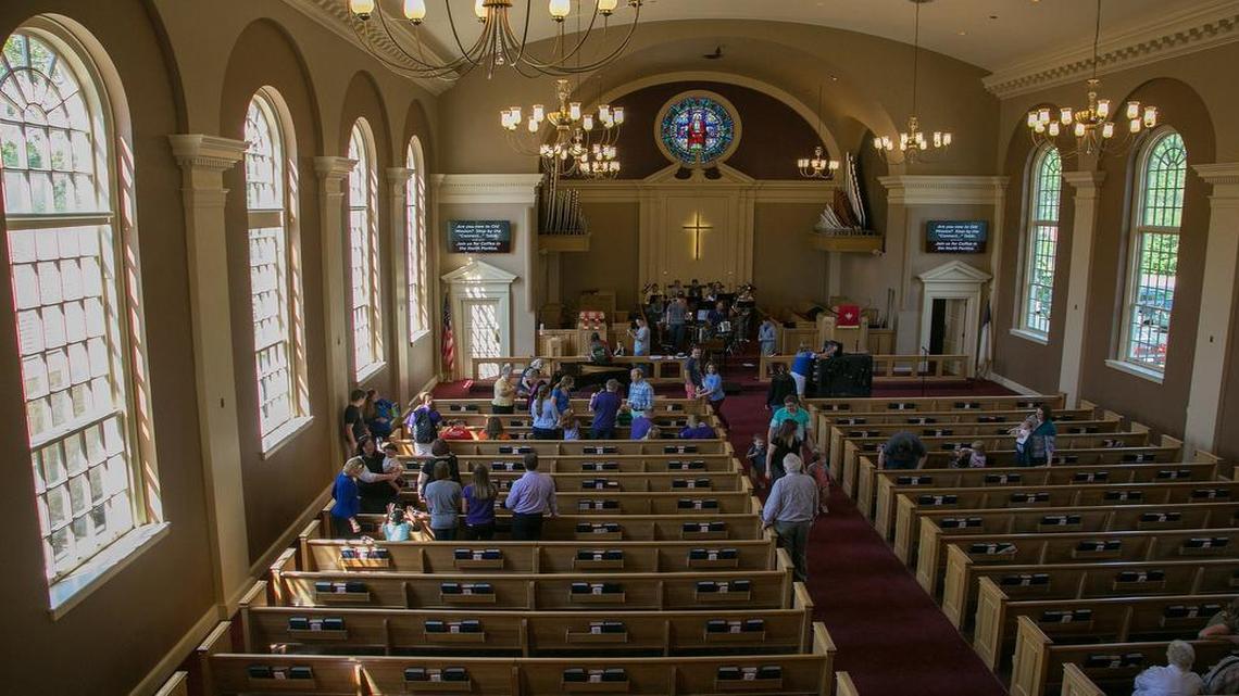 Parishioners lingered in the sanctuary at Old Mission United Methodist Church, 5519 State Park Road in Fairway, after services Aug. 20. The church is celebrating its 75th anniversary this month.