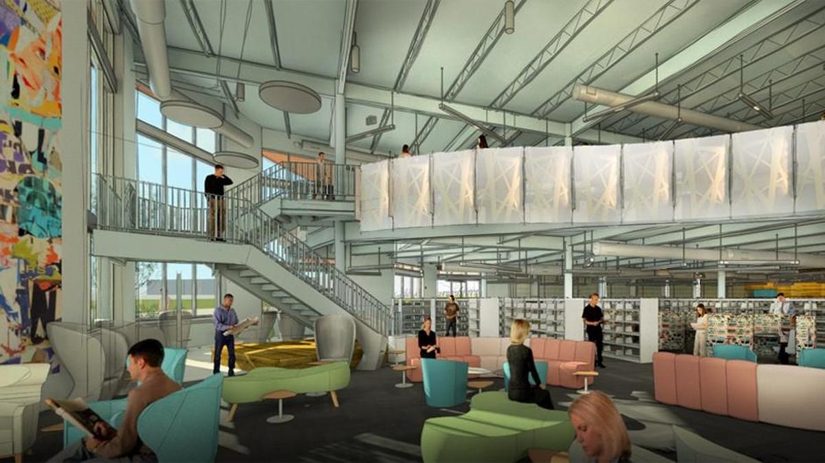 An architectural rendering of the interior for the new Lenexa City Center Library.