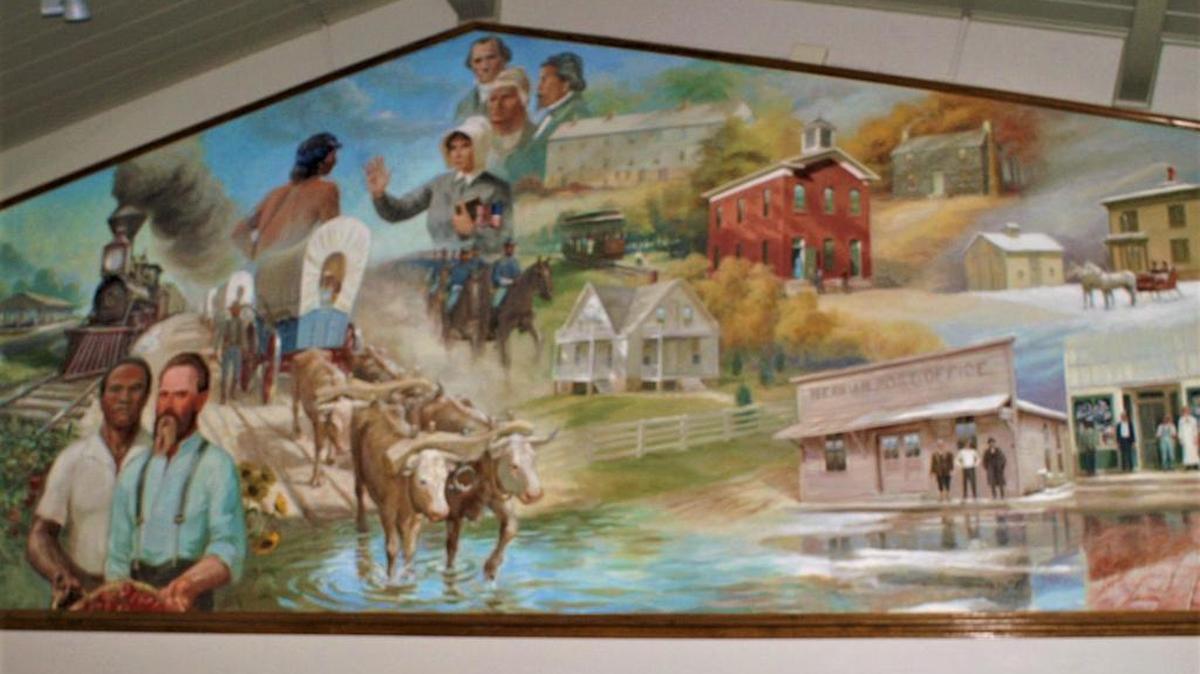 “The Seasons of Historic Merriam” by Charles Goslin, 1986. The mural in City Hall depicts the history of the city.