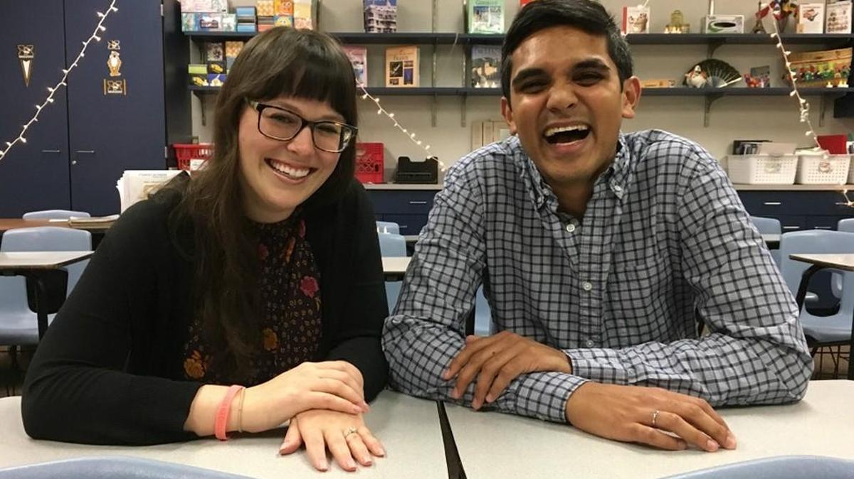 Why are these two smiling? Mukul Sharma (right) has just proposed to Jillian Dent in the middle school classroom where they met 16 years ago.
