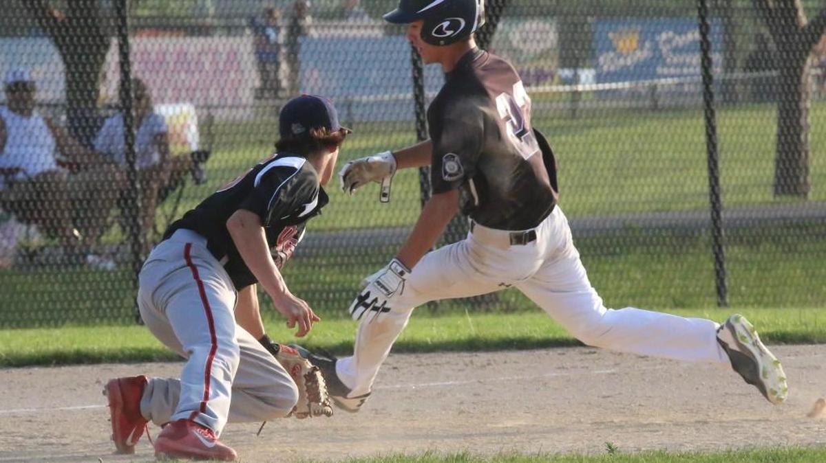 The Outlaws’ Oscar Medrano (right) who rounded third base during a game earlier this month, drove in two runs during an 11-0 win over Waverly.
