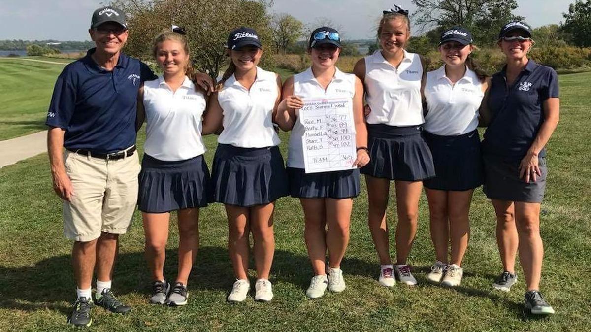 Lee’s Summit West qualified as a team for the Class 2 state golf tournament for the first time since 2013 after taking second during a sectional tournament Oct. 2, 2017, at Paradise Pointe in Smithville. Team members are (from left) head coach Richard Myers, junior Taylor Starr, junior McKenna Rice, senior Faith Beaty, freshman Shannon Ralls, junior Quincy Munsell, and assistant coach Susan Howard.
