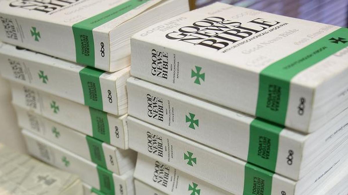 Religious books including stacks of Good News Bibles will be availabe for donation at the garage sale being held Saturday at All Saints Episcopal Church, 9201 Wornall Rd., in Kansas City. The church is selling off religious items, and the church itself is up for sale. 
All Saints has merged with nearby St. Peter's Episcopal to form St Peter & All Saints Episcopal Church, 100 E. Red Bridge Rd, Kansas City.