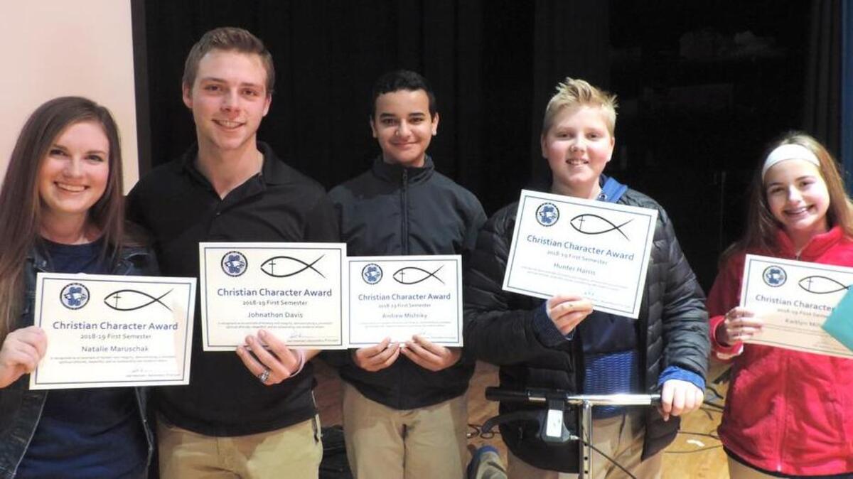 Recipients of Christian Character Awards are (from left) Natalie Maruschak, John Davis, Andrew Mishriky, Hunter Harris and Kaitlyn Miller.