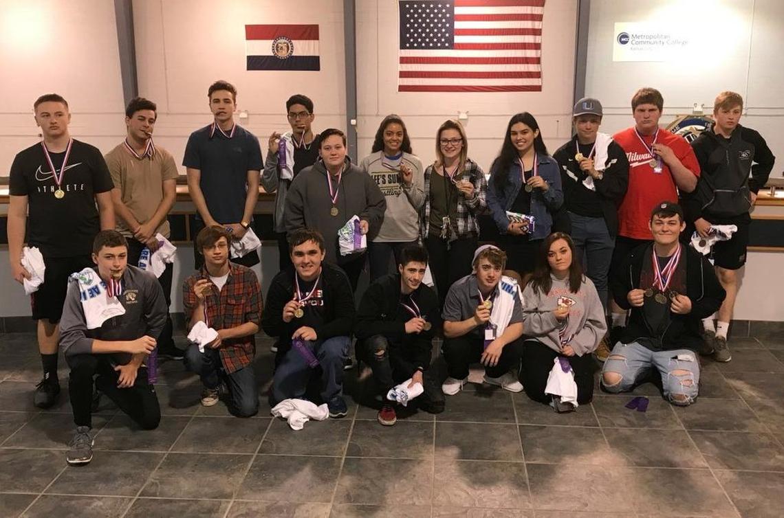 Lee’s Summit High School students earning grand awards at the District Technology Contest competition are, front row from left, Trent Fell, Justin Halverson, Charlie Licata, Kyle Myers, Mike Gannon, Jen Wills and Anthony Mixon; and, back row from left, Tristan Wells, Jake Chojnacki, Joe Licata, Kyle McWilliams, River Wyrick, AJ Schur, Gabby Byers, Makayla Vasquez, Max Havens, Caleb Keith and Jacob Mrachek. Not pictured: Audrey Fleshcute, Riley Nofziger, Blair Campbell, Josh Moore and Zack Mckitterick.