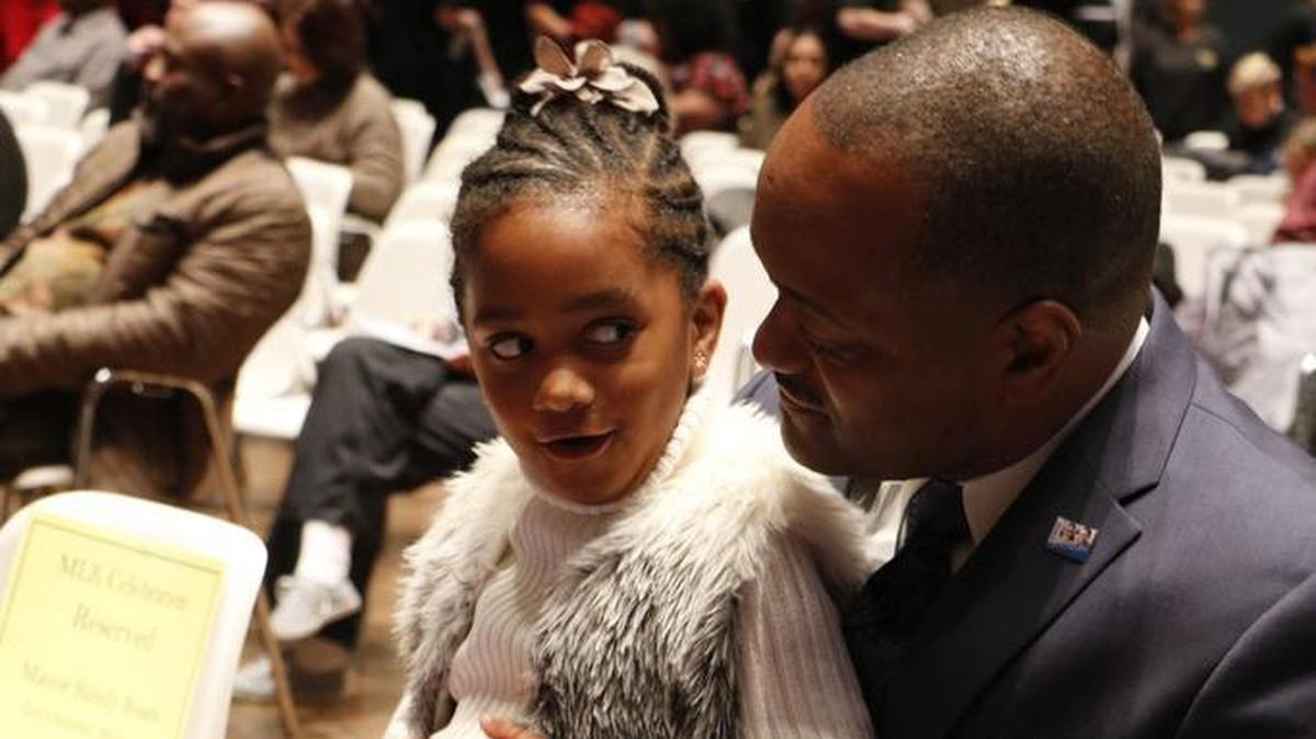 Dr. Dennis Carpenter, Lee’s Summit R-7 School District Superintendent, shared a special moment Monday with his daughter, Layla, 5, during the city’s annual Dr. Martin Luther King Jr. Day Celebration at John Knox Village in Lee’s Summit. Carpenter was the keynote speaker for event, which celebrates King’s life, legacy, and message.