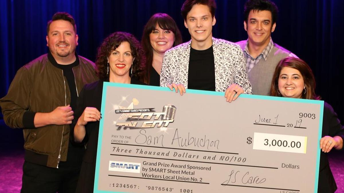 At the Got Talent finale Saturday evening, Sam Aubuchon, 18, received the $3,000 Grand Prize scholarship check from judges and show producers. Left to right: Steve Serrano, Rachel Segobia, Christina Burton, Sam Aubuchon, Matt Lewis and Angela Turner.
