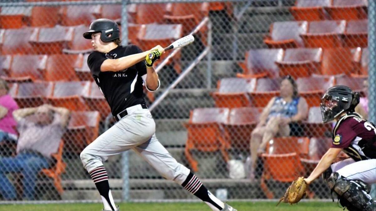 Lee’s Summit Outlaws catcher Justin McEnroe, who got a base hit against Warrensburg during their first game in the American Legion Zone 2 tournament, scored four runs and had two RBIs in their 16-12 victory over St. Joseph Post 11 Saturday at Hidden Valley Park.