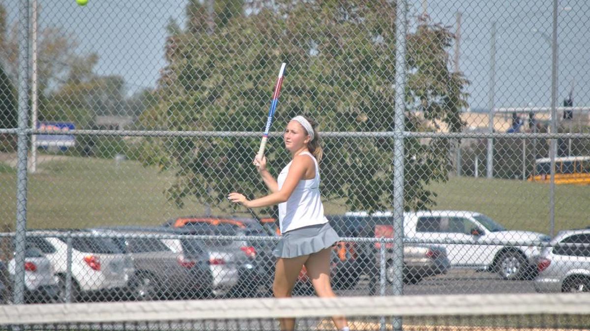 Tristen Caskey of Lee’s Summit West keeps an eye on the ball as she plays teammate Pranathi Gannavaram in the Class 2 District 13 girls tennis singles final at Lee’s Summit North. Caskey won 10-5 and both advanced to the Class 2 sectional play.