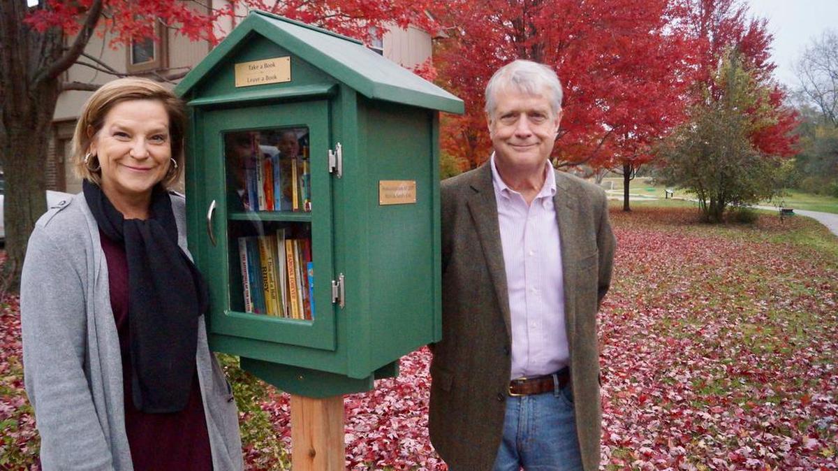 Sandy Cox (left) and Brad Cox are shown in this submitted photo with Langsford Park’s newest little library. Langsford Park’s little library opened this month in honor of the accomplishments of Brad and Sandy Cox, recipients of the 2017 Truman Heartland Community Foundation Humanitarian’s award for their contributions to the community.