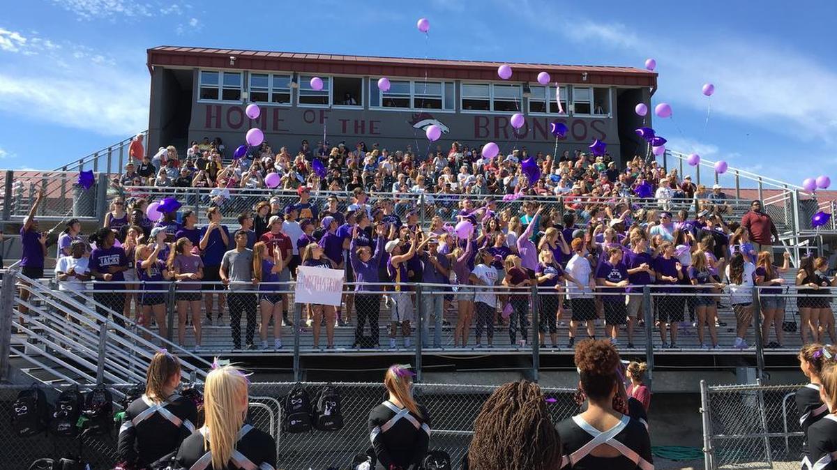 Lee’s Summit North High School students wanted to show their support and bring awareness to suicide prevention, so during a high school football game Saturday, Sept. 30, 2017, students dressed in purple, released purple balloons at kickoff, and observed a moment of silence for 17-year-old Gemesha Thomas, a North senior who had died by suicide the day before after shooting herself inside the high school.