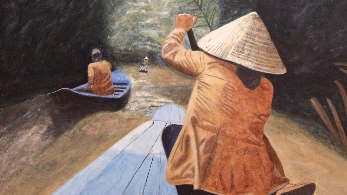Ken Downs’ acrylic painting, “On the River,” was inspired by a scene he photographed near the Mekong Delta during his travels to Vietnam.