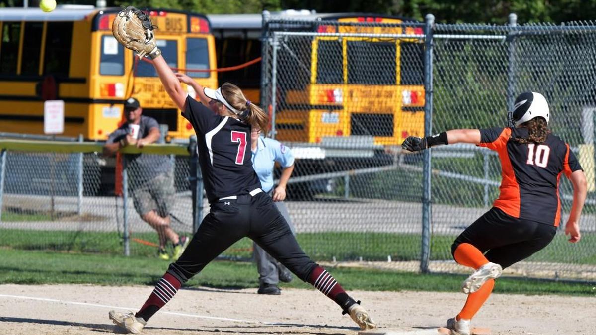 Izzie Medrano of Lee’s Summit North stretches to make a putout at first base against Oak Grove Wednesday in the Greater Kansas City Invitational at Adair Park. North beat Oak Grove 3-2 and routed Grain Valley 19-2 in five innings to reach the championship game.