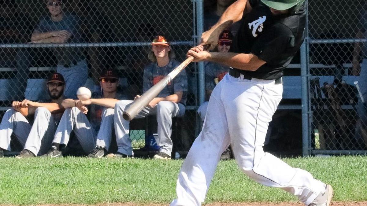 Tucker Perkins connects for a three-run double for the Midwest A’s in the first game agaisnt Junction in the Cowdin Cup semifinal series Saturday in Belton. The A’s won the first game 11-4, but lost the last two 6-5 and 9-4.
