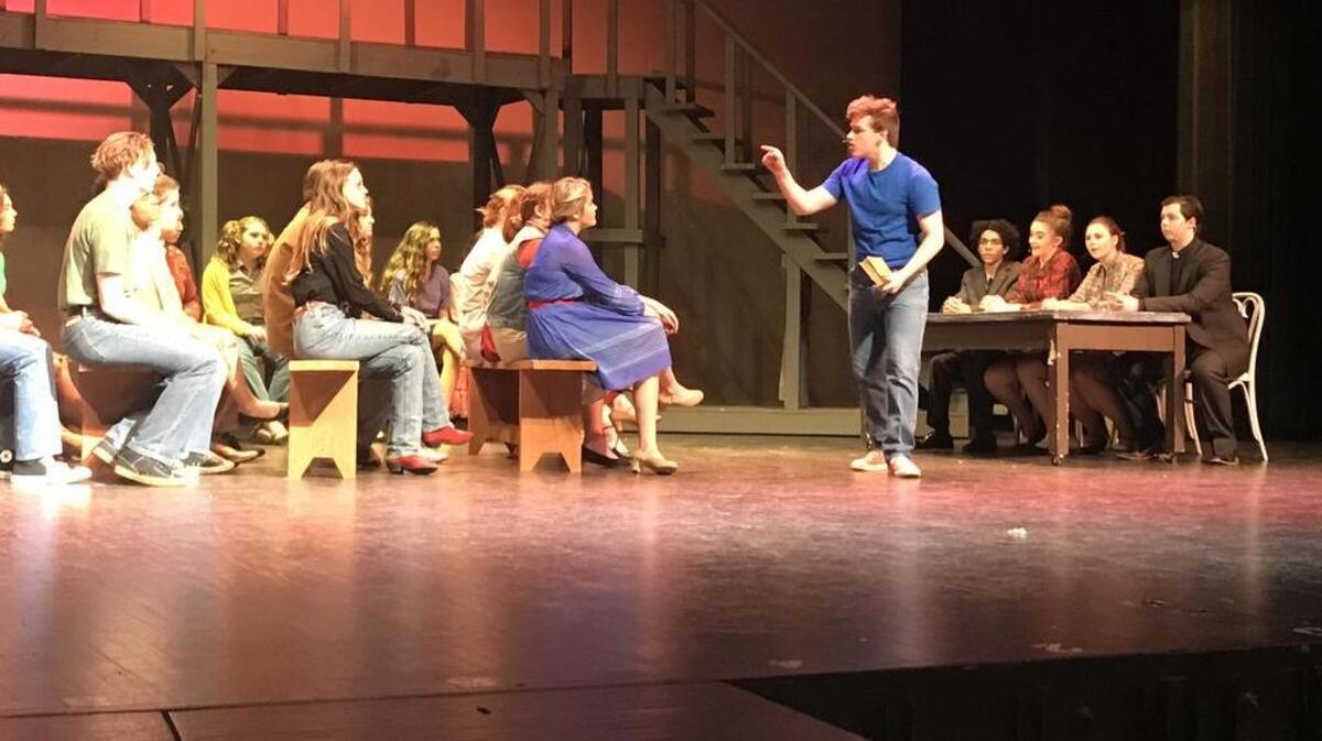 During a recent rehearsal of Lee’s Summit High School’s production of “Footloose,” Ren McCormack, plsyed by Joey Ferguson, addresses the town council about allowing a prom at Bomont High School.