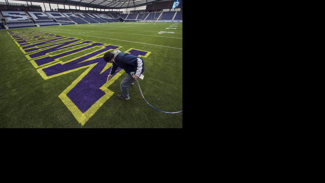 
Assistant field manager Josh Tvrdik prepares an end zone on Wednesday, Dec. 17, for Saturday's NCAA Division II Football Championship game at Sporting Park in Kansas City, Kan. Minnesota State University-Mankato and Colorado State University-Pueblo will each be playing for its first national title when they face off at 3 pm.
