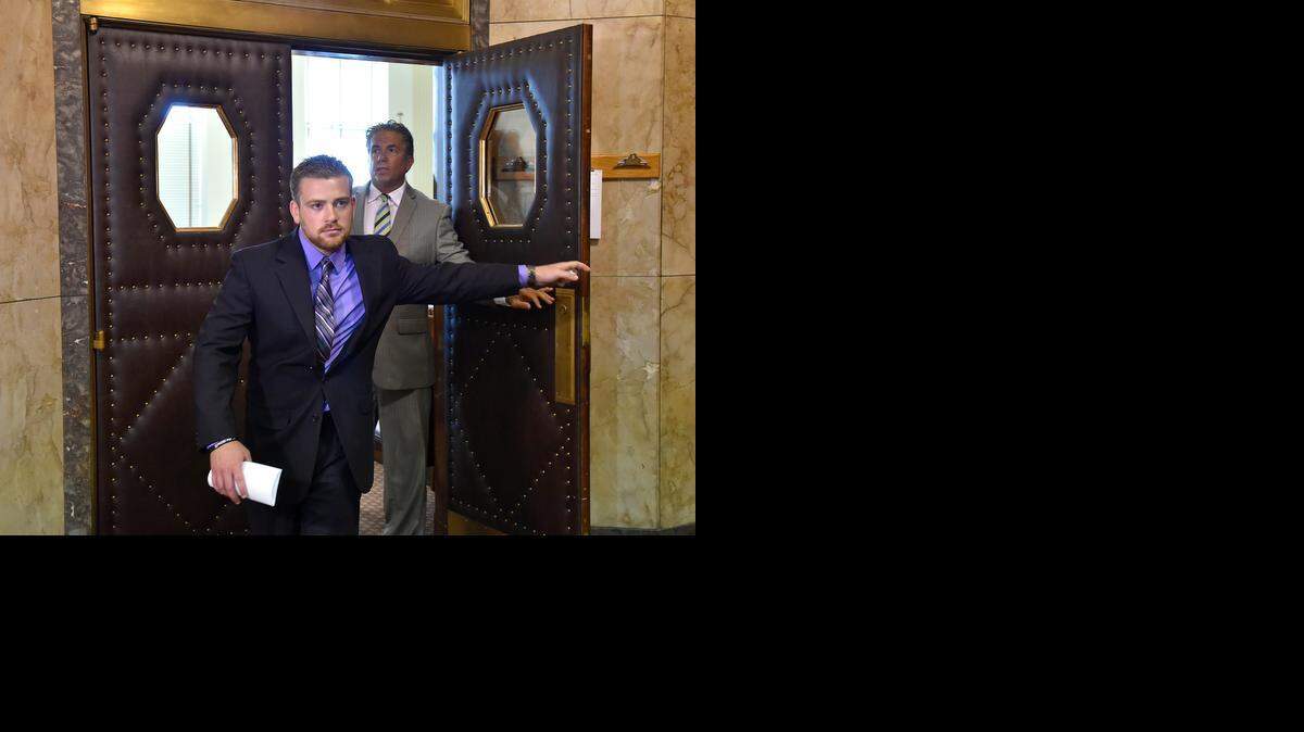 
Ronald O’Kelly (left) was given suspended sentences and must serve 120 days in jail in the April 2013 hit-and-run accident that killed motorcyclist Leroy “Buddy” Bronson. After he serves 120, he will be given probation. On Friday, O’Kelly exited the Jackson County courtroom with his attorney, John Picerno.
