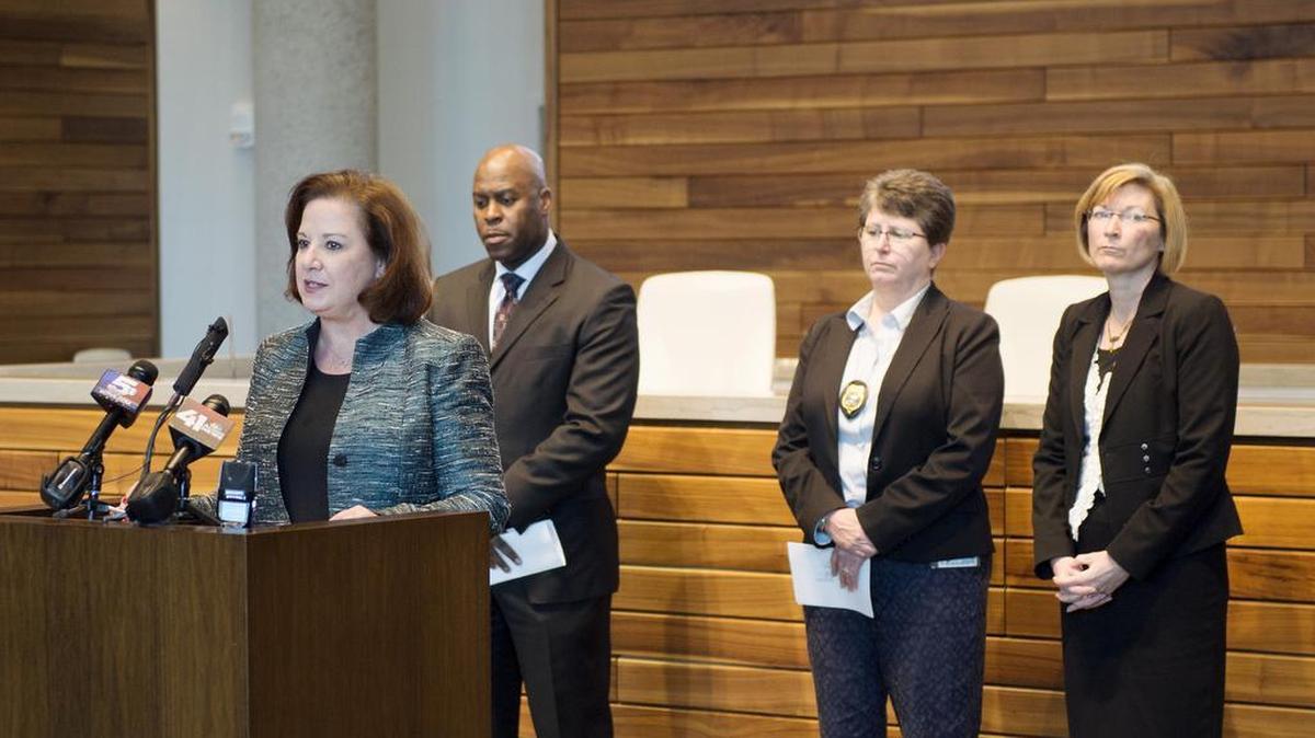 Officials announced Thursday an agreement that allows the FBI to step in to help investigations into complaints against Kansas City police officers, including officer-involved shooting and claims of excessive use of force. “It is our hope it will go a long way to sustain public trust,” said U.S. Attorney Tammy Dickinson (from left) at a news conference Thursday. Eric Jackson of the FBI, Sheryl Rose of the Kansas City Police Department and Jackson County Prosecutor Jean Peters Baker also appeared at the announcement.