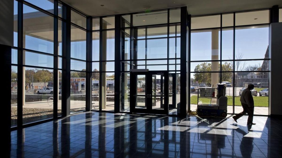 The lobby of the new East Patrol police station faces south at 27th Street and Prospect Avenue.