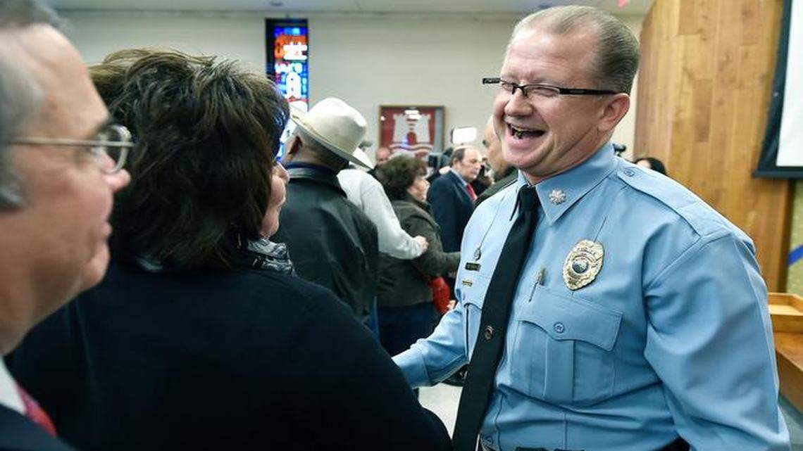 
As the newly named police chief in Kansas City., Kan., Terry Zeigler was congratulated by human resources director Renee Ramirez at Tuesday’s announcement at the Unified Government building in Kansas City, Kan.
