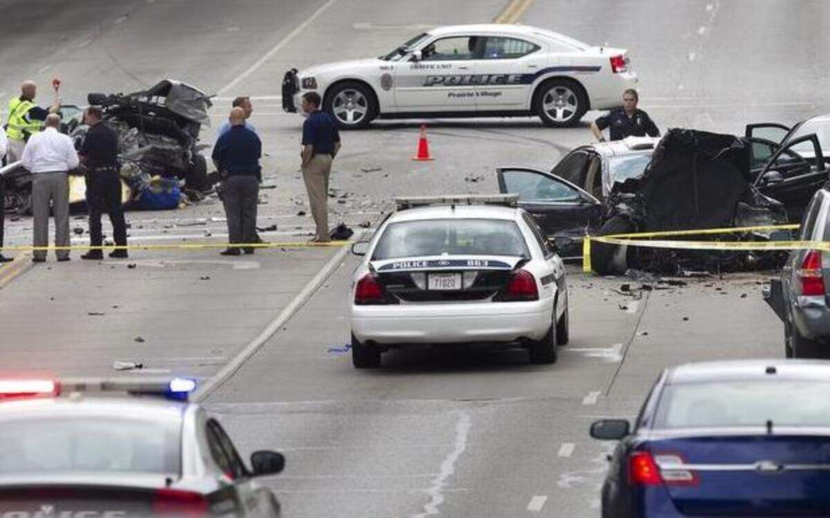 
The scene of the fatal wreck Oct. 11, 2013, in Prairie Village. Tiffany Mogenson’s car (left) was struck by a speeding Mercedes (right). Mogenson was killed instantly; Roy Lee Maney of Shawnee will face trial in her death. The wreck occurred at the intersection of 75th Street and Roe Avenue.
