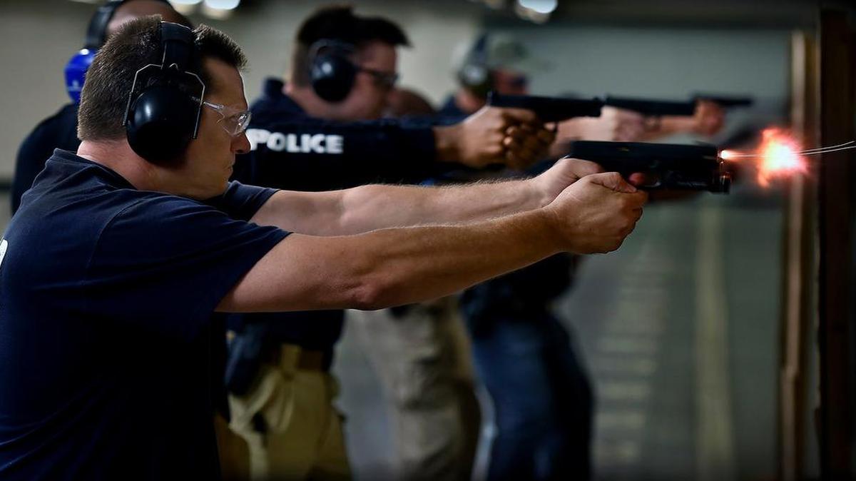 
As part of a recent training session, Officer Joseph Caponetto of the Kansas City Police Department took target practice inside the firing range at the regional police academy. The Kansas City training concentrated on tactical disengagement and redeployment as many law enforcement agencies nationwide are now teaching officers how to delay or prevent shootings.


