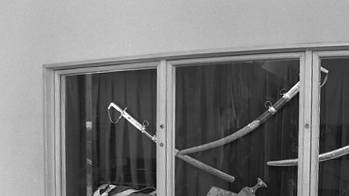 Before being broken into by burglars on March 24, 1978, this display case in the south lobby of the Harry S. Truman Library and Museum held several swords and scabbards given as gifts to the president. The items have never been recovered.