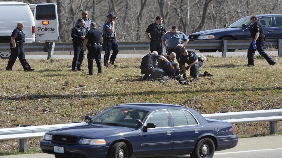 Police took a man into custody Wednesday after a chase from Johnson County ended with a wreck at Bruce R. Watkins Drive and Interstate 435. Three people have been charged with robbing a bank in Stilwell.