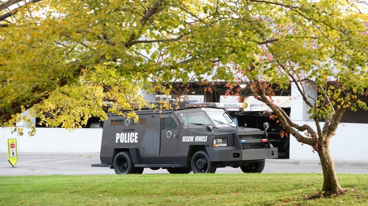 A police rescue vehicle drove across the Shawnee Mission Medical Center campus after police from Merriam and Overland Park responded Thursday to shots being fired at the nearby Georgetown Apartments complex in Merriam.