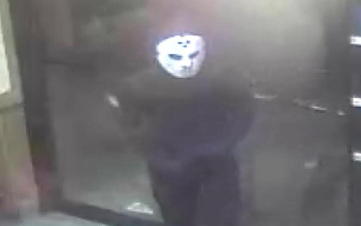 Police said a man armed with a silver handgun robbed a Pizza Hut in the 5900 block of Wilson Avenue in Kansas City just before 10 p.m. March 2. He wore a hockey mask made famous by the character Jason in the movie “Friday the 13th.”