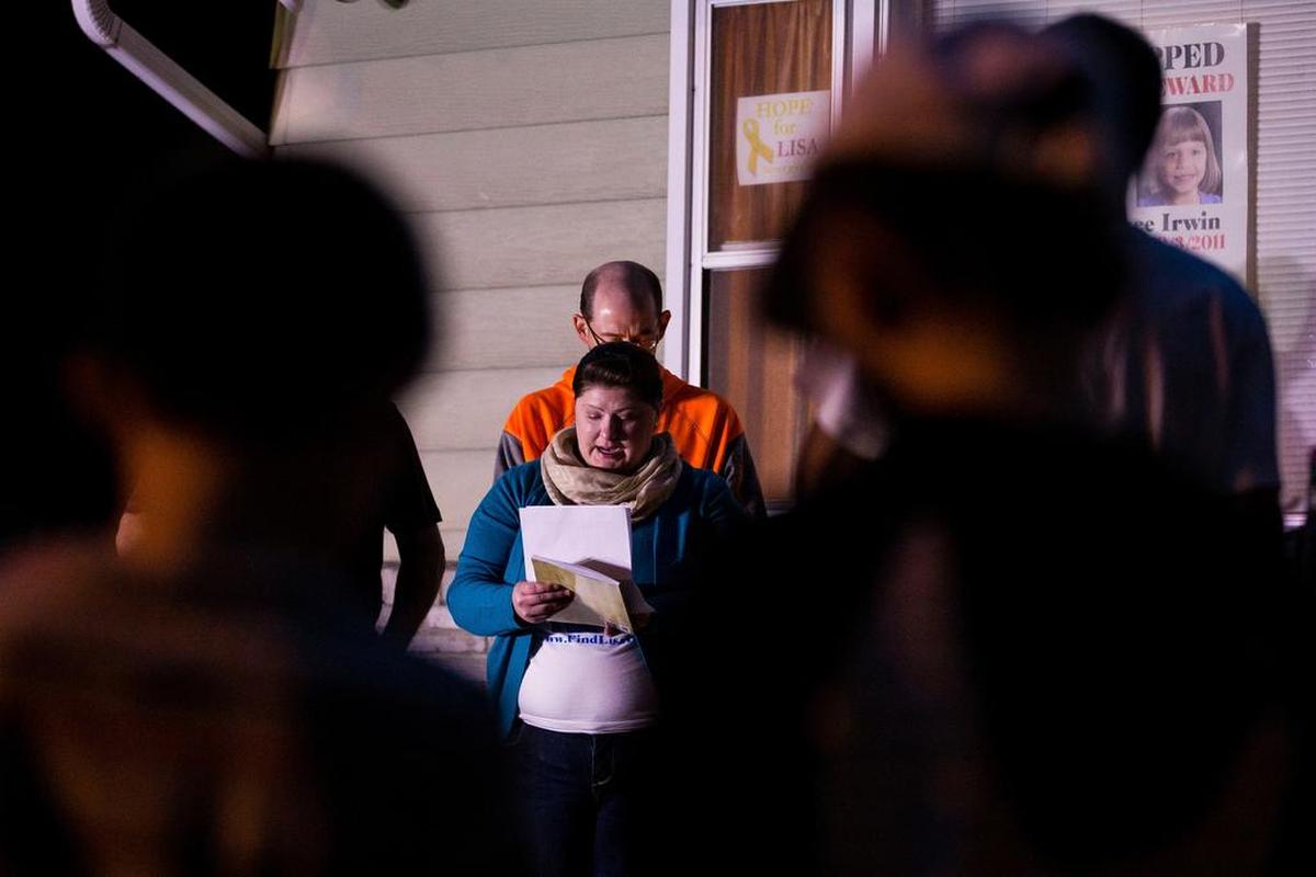 Lisa Irwin’s mother, Deborah Bradley, spoke during a prayer vigil held at the Irwin home in 2015 to share the missing child’s story.