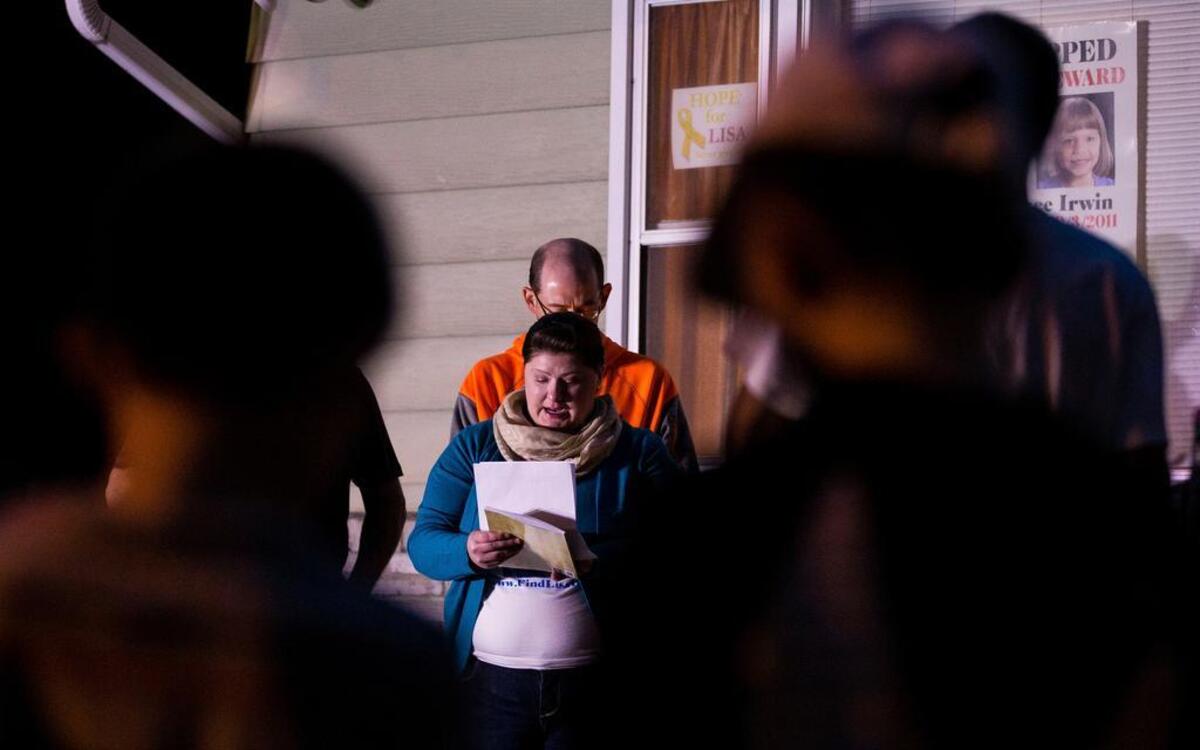 
Lisa Irwin’s mother, Deborah Bradley, spoke during a prayer vigil held at the Irwin home in 2015 to share the missing child’s story. 