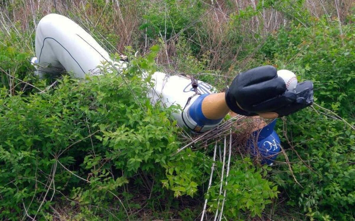 The 14-foot-tall Royals player stolen early Thursday was found not far from its original perch Friday in some weeds. Jackson County sheriff’s deputies are still investigating the theft.