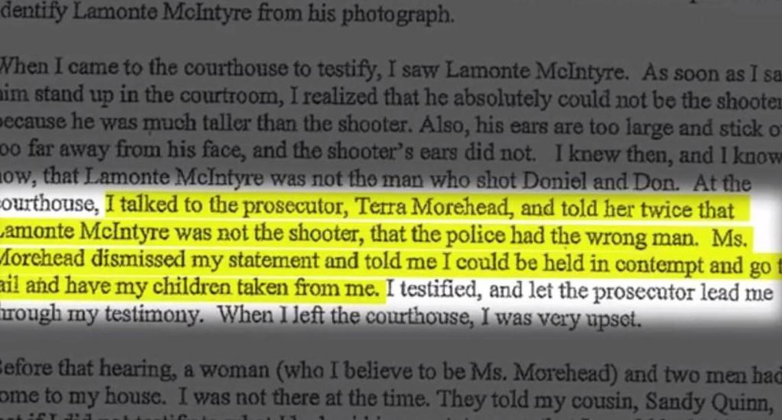 A witness in Lamonte McIntyre’s murder case says then Wyandotte County prosecutor Terra Morehead threatened her.