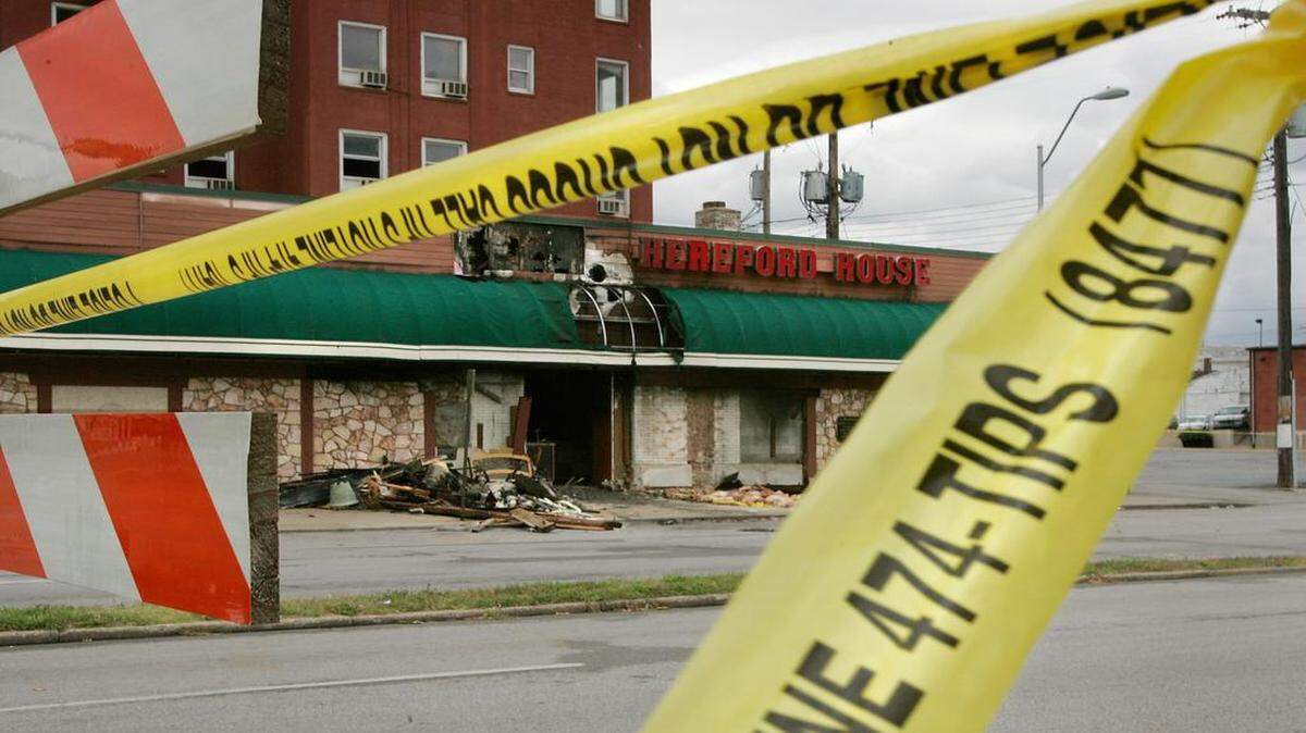 
Crime scene tape barricaded the burned shell of the Hereford House restaurant after an October 2008 fire and explosion.
