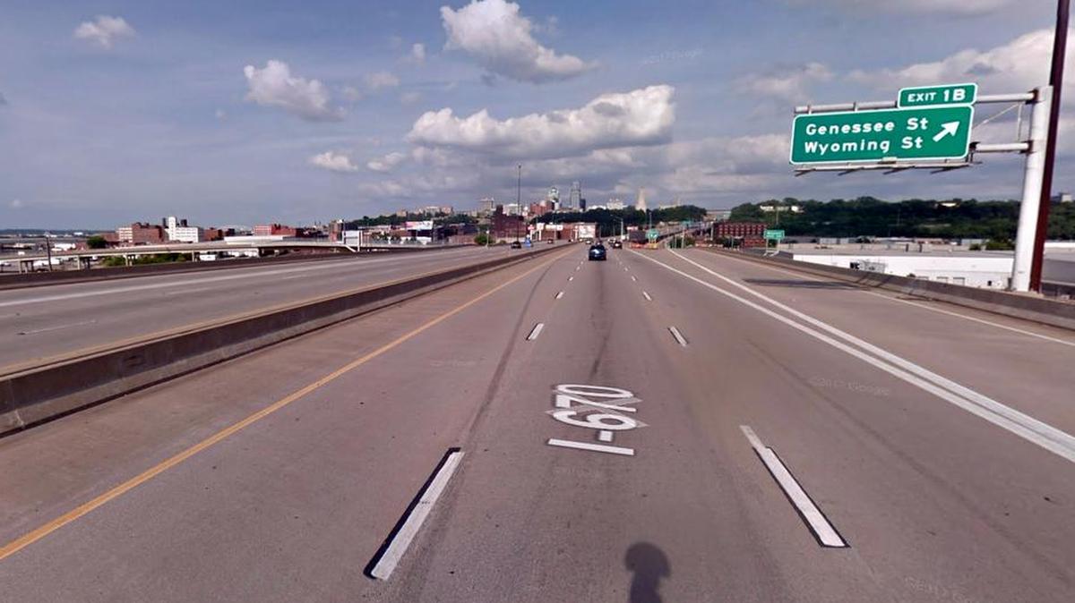 A woman crossing or standing in the middle of eastbound Interstate 670 in Kansas City’s West Bottoms area was struck and killed by a hit-and-run driver late Saturday. This Google Maps Street View photo of the area is from June.