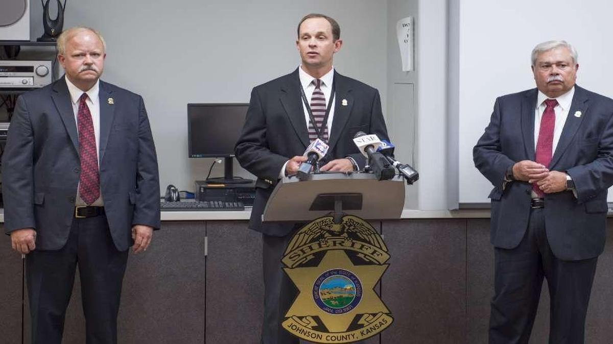 Maj. Daryl Reece (from left), Capt. Brian Hill and Sheriff Frank Denning spoke Monday during a news conference at the Johnson County Sheriff’s Office operations building updating the case involving a female sheriff’s deputy being abducted and assaulted.