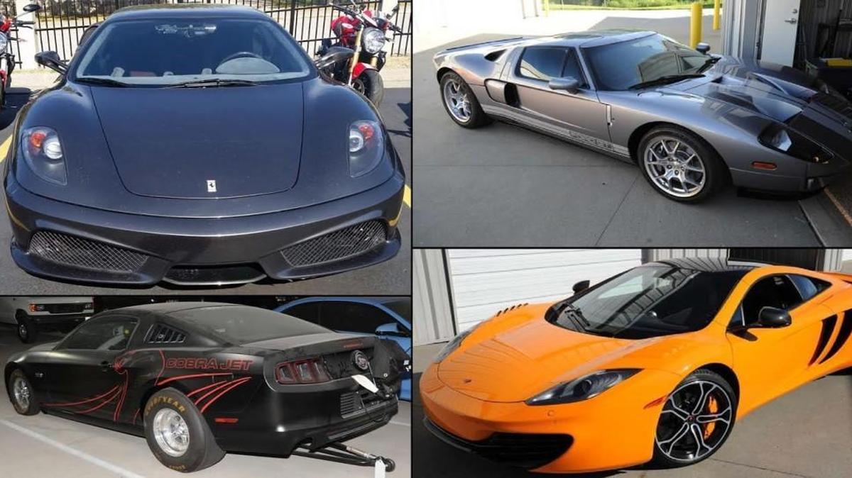Some of the cars purchased with embezzled funds (clockwise from top left): Ferrari F-430 Scuderia, Ford GT, McLaren MP4-12C and Ford Mustang Cobra Jet.