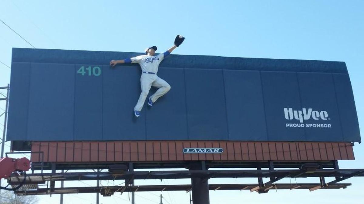Someone stole a three-dimensional Royals outfielder off one of Lamar Advertising’s billboards promoting Hy-Vee on Wednesday night. Jackson County sheriff’s deputies are investigating.