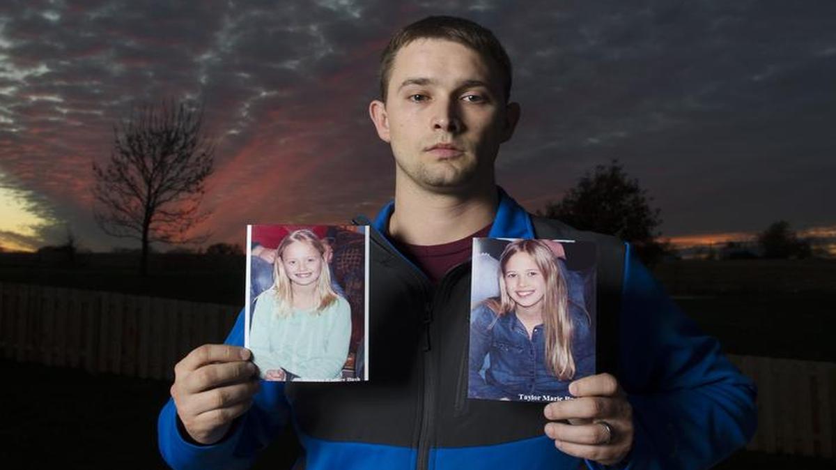 Justin Bush of Smithville fears for the safety of his two daughters after his ex-wife fled to Europe with them. “I just want the kids home safe,” Bush said. He is holding photos of 9-year-old Morgan (left), and 11-year-old Taylor.