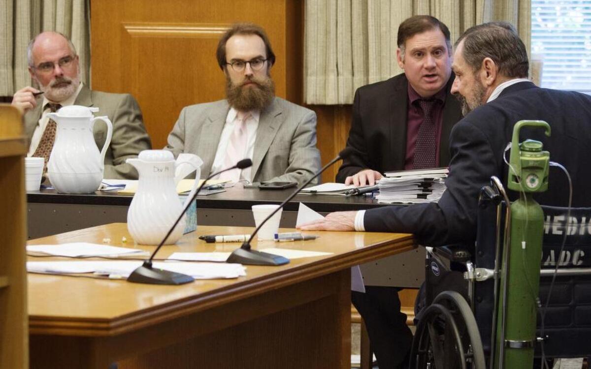 
The jury was dismissed for the day as F. Glenn Miller Jr. (far right) spoke with standby counsel (from left) Martin Warhurst, Jeffery Dazey and Mark Manna during discussions about jury instructions in the penalty phase of Miller’s capital murder trial at the Johnson County Courthouse in Olathe.
