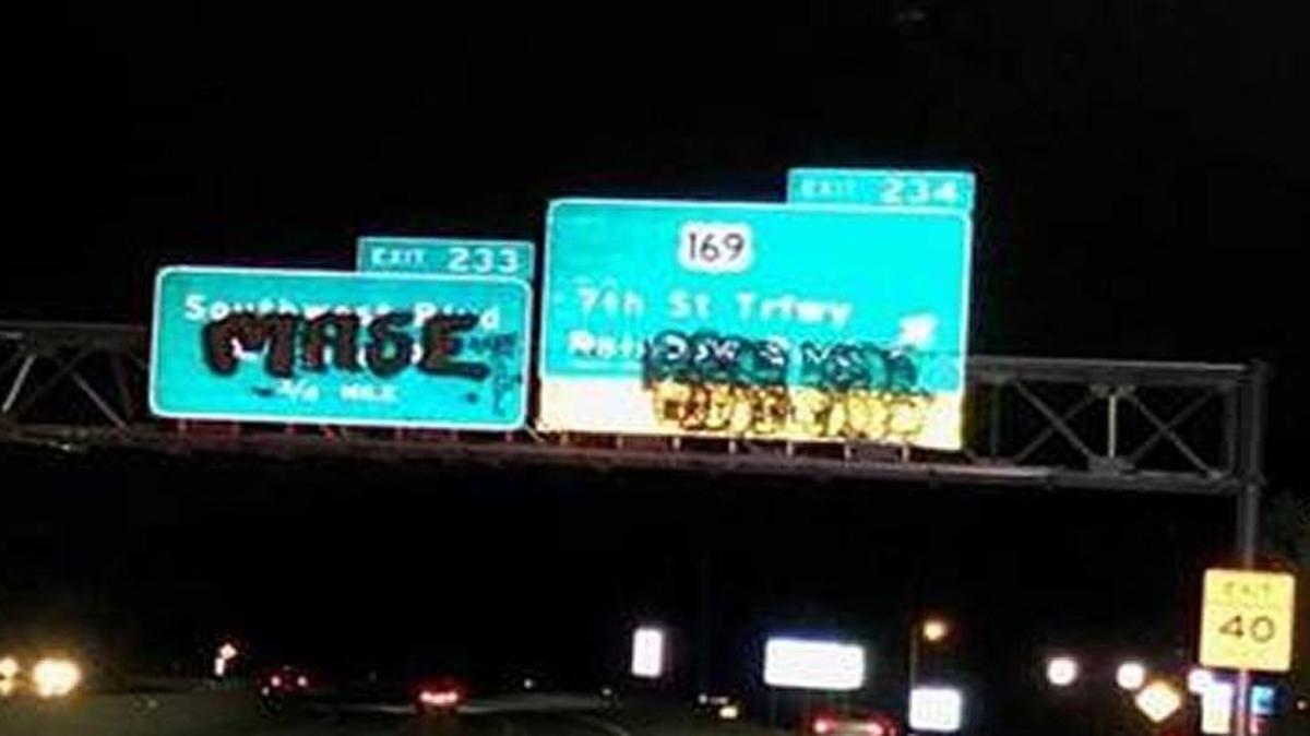 Vandalism to three overhead signs on southbound Interstate 35 between Southwest Boulevard and Seventh Street Trafficway has caused extensive damage that will cost $20,000 to replace.