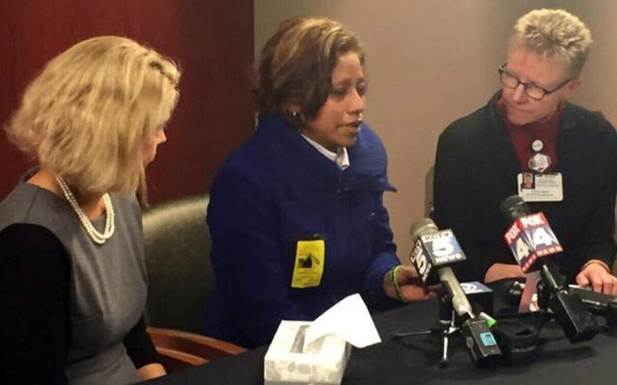 
At a news conference at University of Kansas Hospital, Teresa Martinez (center), mother of 2-year-old Eduardo Lopez Martinez, asked the driver who hit her son Monday to come forward. Sarah Hoehn (left), medical director of the hospital’s pediatric intensive care unit, and Cecilia Abbey, a hospital interpreter, joined her.
