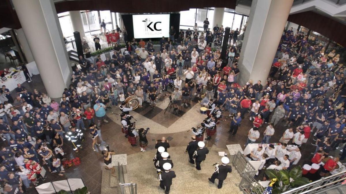 
Kansas and Missouri firefighters, friends, family and supporters gathered in 2011 for the first Kansas City 9/11 Memorial Stair Climb.
