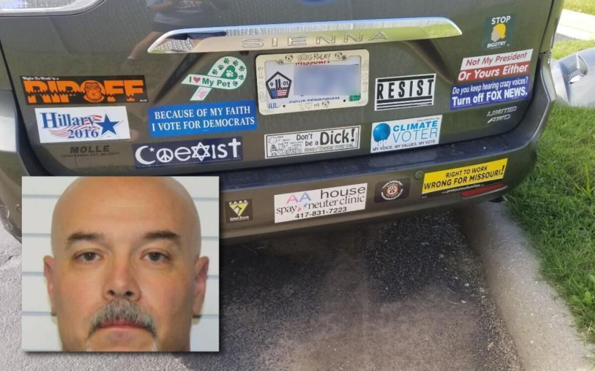 Edward Burns of Ozark, Mo., has been charged after he allegedly pointed his pistol at a woman with liberal bumper stickers on her car.